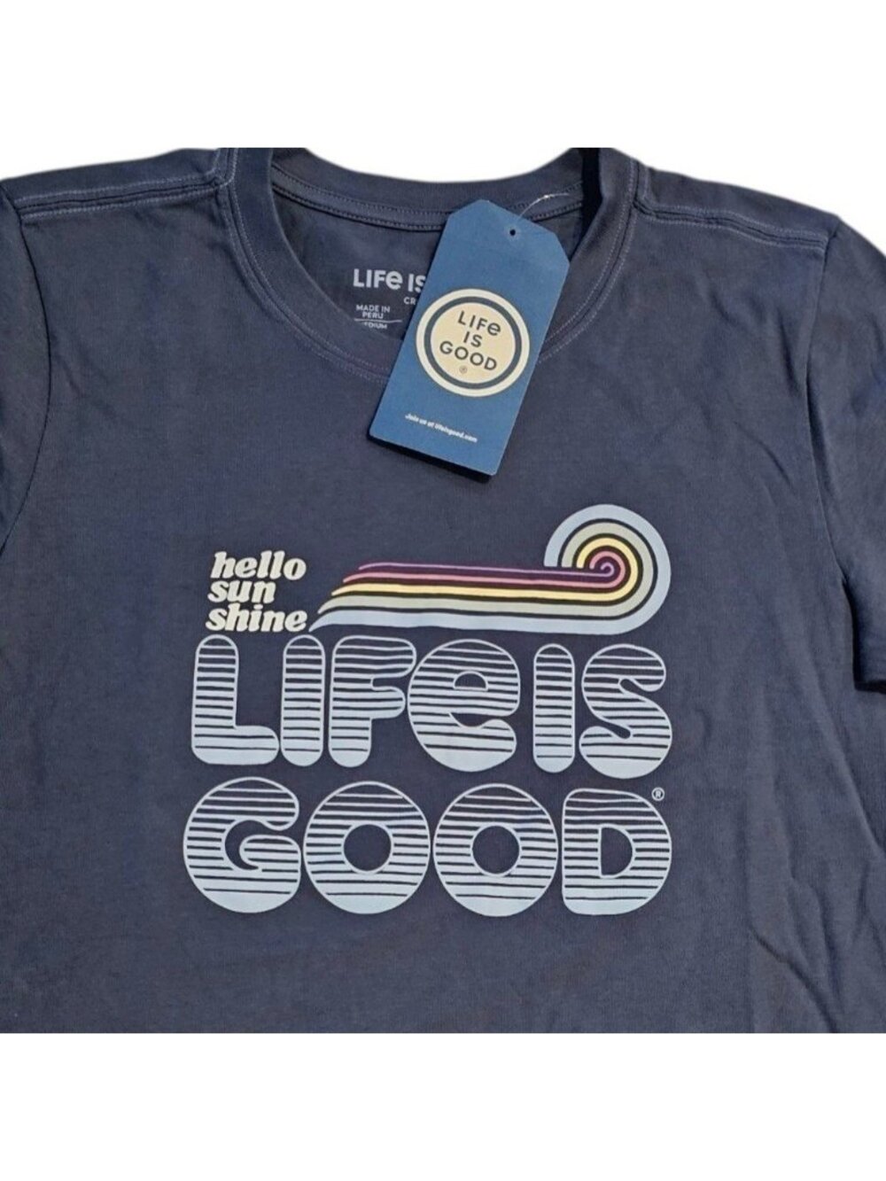 Life Is Good Womens Crusher Tee Blue Hello Sunshine Rainbow Medium